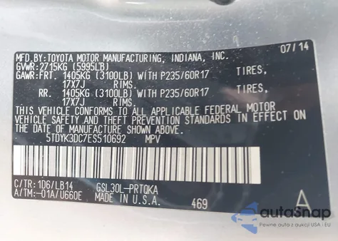 2014 Toyota Sienna Xle V6 8 Passenger z USA, uszkodzony, nr VIN 5TDYK3DC7ES510692